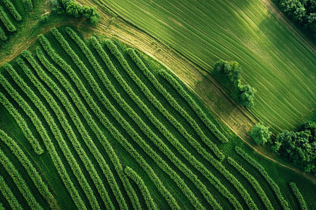aerial view vibrant green farmland showing crops planted rows grassy field with trees